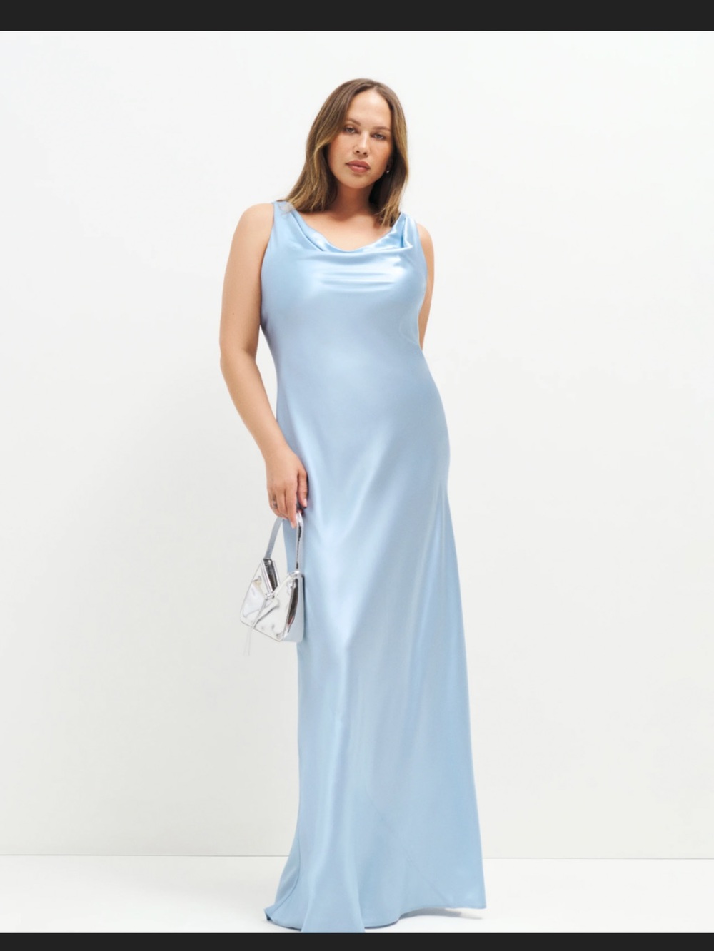 Reformation Satin Cowl-Neck Maxi Dress in Light Blue